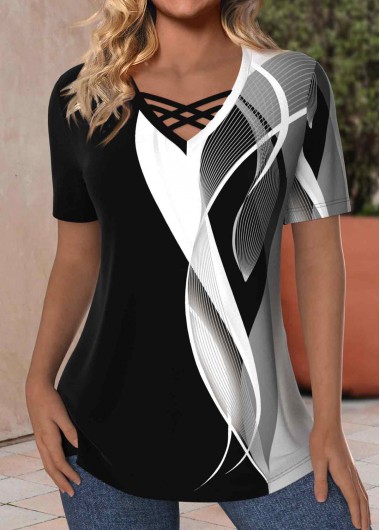 ROTITA Criss Cross Geometric Print Black V Neck T Shirt