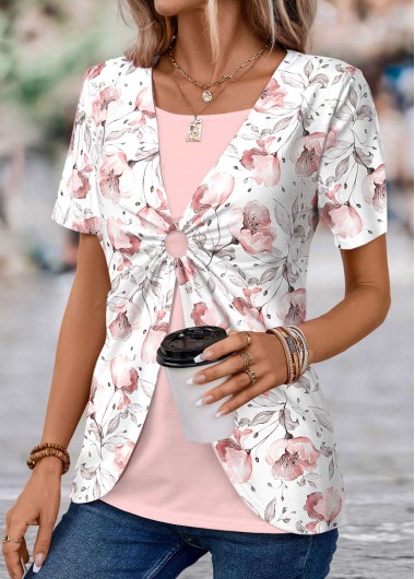 ROTITA Fake 2in1 Floral Print Light Pink T Shirt