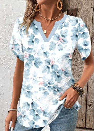 ROTITA Patchwork Random Floral Print Light Blue Split Neck Blouse