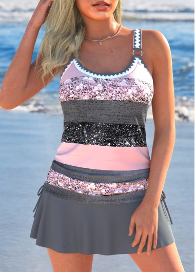 ROTITA Drawstring Dark Grey Marl Multi Stripe Print Tankini Set