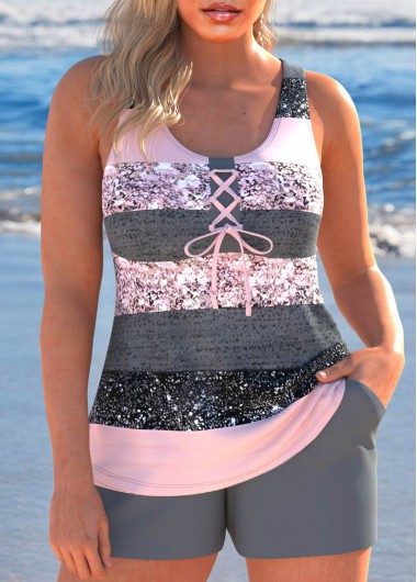 ROTITA Lace Up Grey Multi Stripe Print Tankini Set