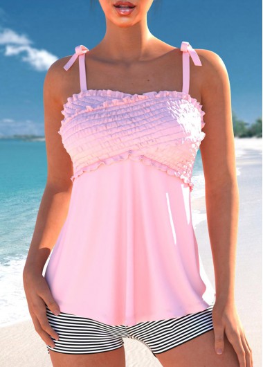 ROTITA Bowknot Patchwork Pink Striped Tankini Set