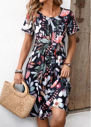 Pocket Floral Print Black Round Neck Short Sleeve Dress