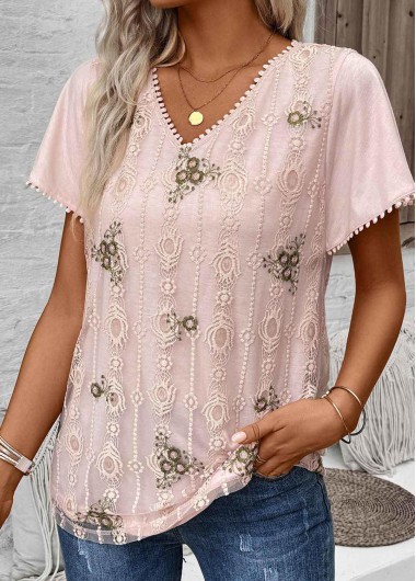 ROTITA Patchwork Floral Print Light Pink V Neck Shirt