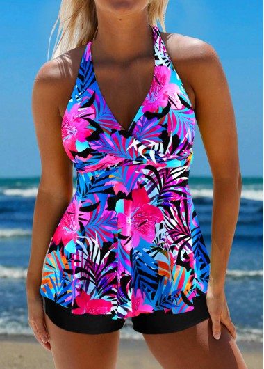 ROTITA Criss Cross Hot Pink Floral Print Tankini Top