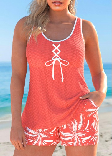 ROTITA Lace Up Coral Floral Print Tankini Set