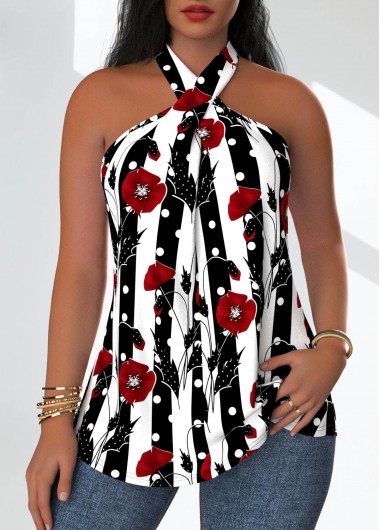 ROTITA Criss Cross Floral Print Black Sleeveless Tank Top