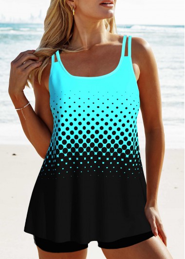 ROTITA Patchwork Double Straps Cyan Ombre Tankini Top