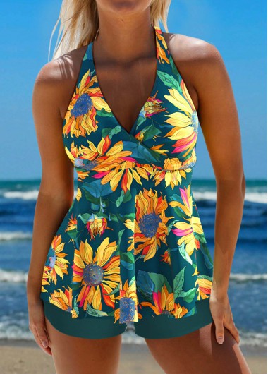ROTITA Criss Cross Blackish Green Floral Print Tankini Set
