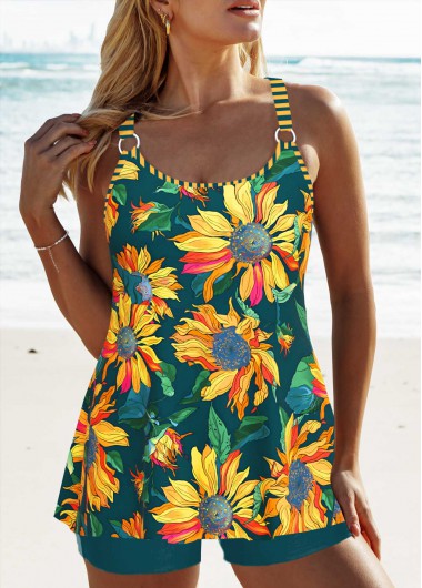 ROTITA Circular Ring Blackish Green Floral Print Tankini Set