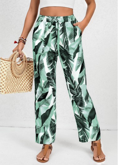 Pocket Feathers Print Green Elastic Waist High Waisted Pants
