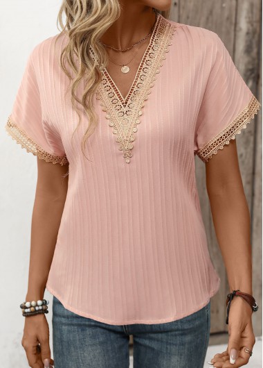 Patchwork Light Pink V Neck Short Sleeve T Shirt