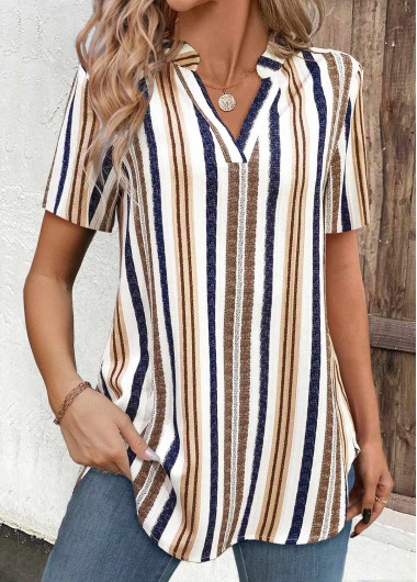 ROTITA Lightweight Striped Navy Split Neck Short Sleeve Shirt