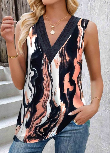 ROTITA Patchwork Navy V Neck Sleeveless Tank Top