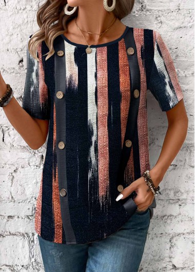 ROTITA Button Multi Stripe Print Navy V Neck T Shirt