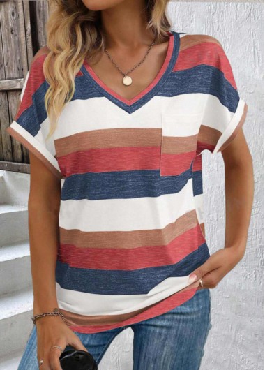 ROTITA Pocket Striped Brick Red V Neck T Shirt