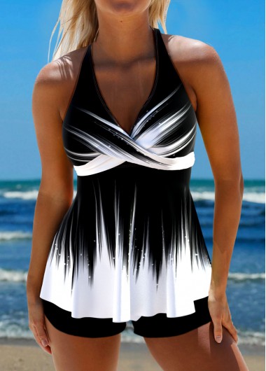 ROTITA Surplice Tie Back Black Ombre Tankini Top