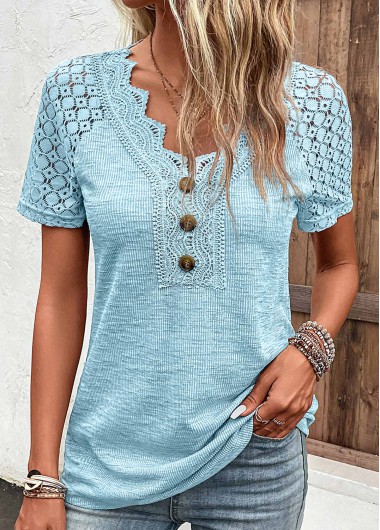 ROTITA Lace Light Blue V Neck Short Sleeve T Shirt