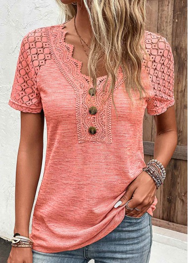 ROTITA Lace Orange V Neck Short Sleeve T Shirt