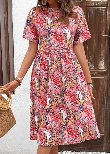 Patchwork Floral Print Coral Round Neck Short Sleeve Dress