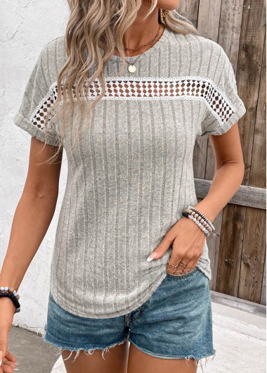 Patchwork Light Grey Round Neck Short Sleeve T Shirt