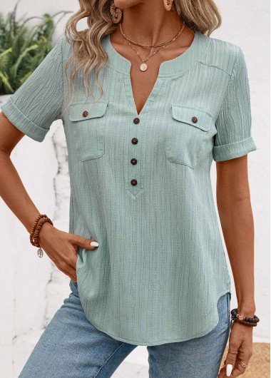 ROTITA Patchwork Mint Green Split Neck Short Sleeve Shirt