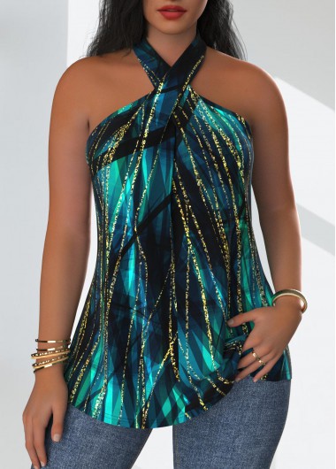 ROTITA Criss Cross Marble Print Turquoise Sleeveless Tank Top