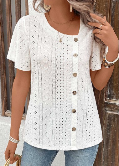 Hollow Button White Short Sleeve T Shirt