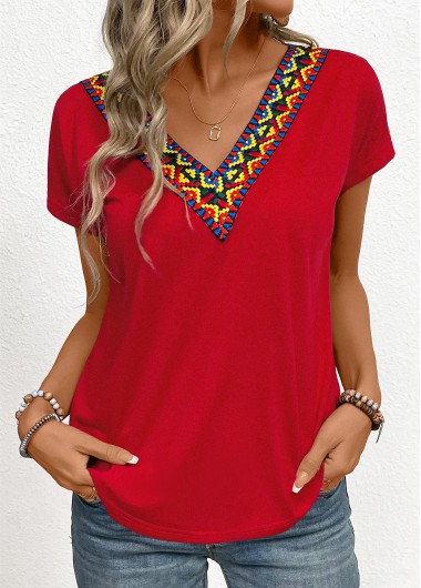 Patchwork Tribal Print Red V Neck T Shirt