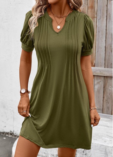 ROTITA Tuck Stitch Olive Green Short Split Neck Dress