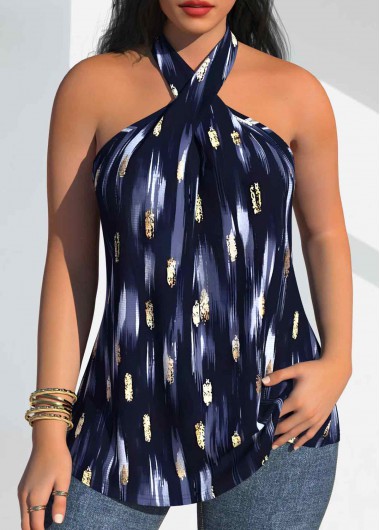 ROTITA Criss Cross Geometric Print Navy Sleeveless Tank Top