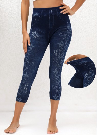 Floral Print Denim Blue High Waisted Elastic Waist Leggings
