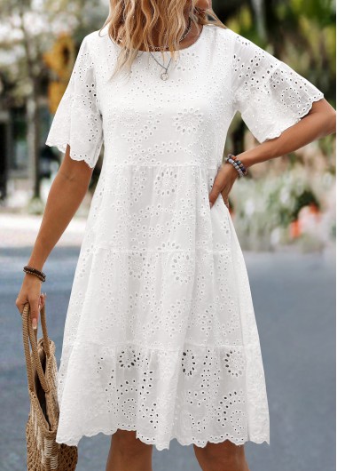 Ruched White Round Neck Short Sleeve Dress