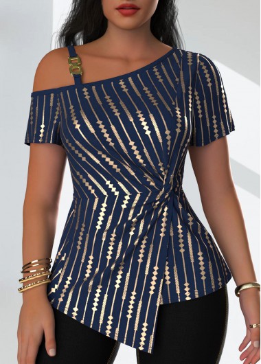 ROTITA Twist Geometric Print Navy One Shoulder T Shirt