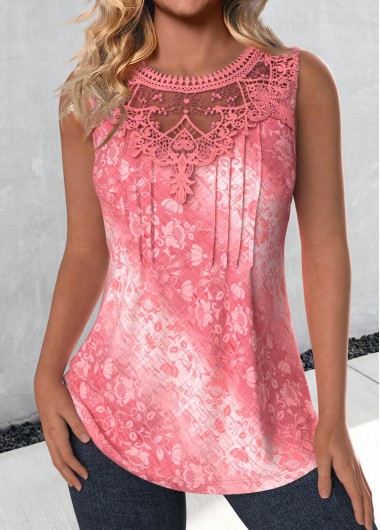 ROTITA Lace Tribal Print Pink Round Neck Sleeveless Tank Top