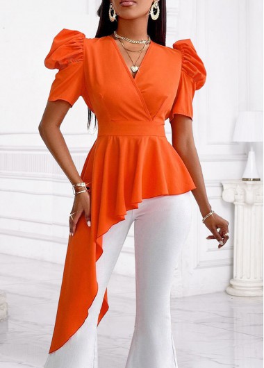 ROTITA Smocked Orange V Neck Short Sleeve Blouse