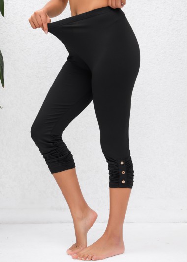 Ruched Black High Waisted Elastic Waist Capri Leggings