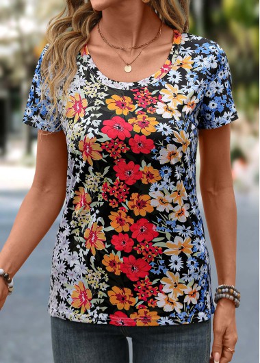 Floral Print Multi Color Scoop Neck T Shirt
