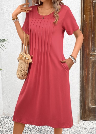 Pleated Coral Round Neck Short Sleeve Shift Dress