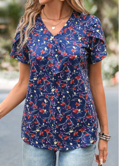Ditsy Floral Print Navy V Neck T Shirt