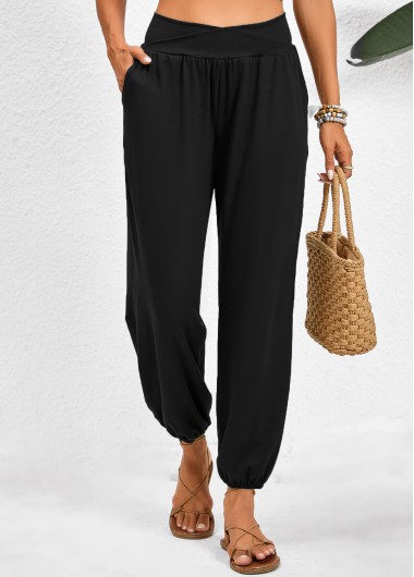 Pocket Jogger Elastic Waist High Waisted Black Pants