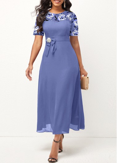 ROTITA Patchwork Floral Print Dusty Blue Round Neck Dress
