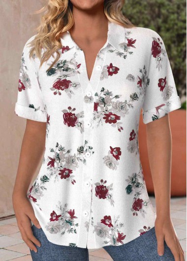 ROTITA Button Floral Print White Shirt Collar Short Sleeve Blouse