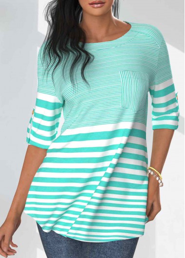 ROTITA Pocket Striped Mint Green Round Neck T Shirt