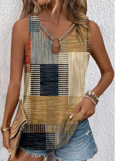 ROTITA Cut Out Geometric Print Multi Color Sleeveless Tank Top