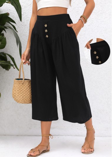 Pocket Black Elastic Waist High Waisted Pants