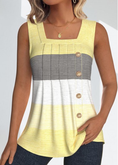 ROTITA Button Striped Light Yellow Square Neck Sleeveless Tank Top