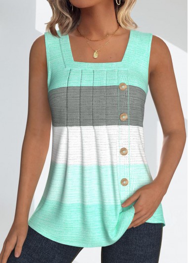 ROTITA Button Striped Mint Green Square Neck Sleeveless Tank Top