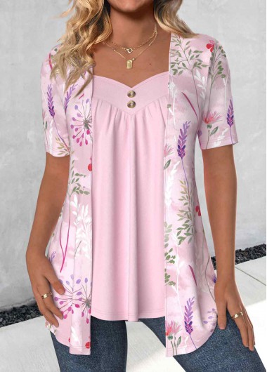 ROTITA Fake 2in1 Floral Print Pink Heart Collar T Shirt