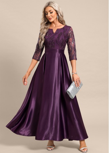 ROTITA Lace Dark Reddish Purple Maxi Split Neck Dress